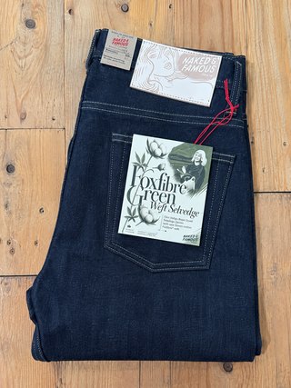 Foxfibre Green Weft Weird Guy jeans Naked and Famous Denim