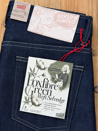 Foxfibre Green Weft Weird Guy jeans Naked and Famous Denim