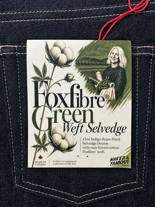 Foxfibre Green Weft Weird Guy jeans Naked and Famous Denim